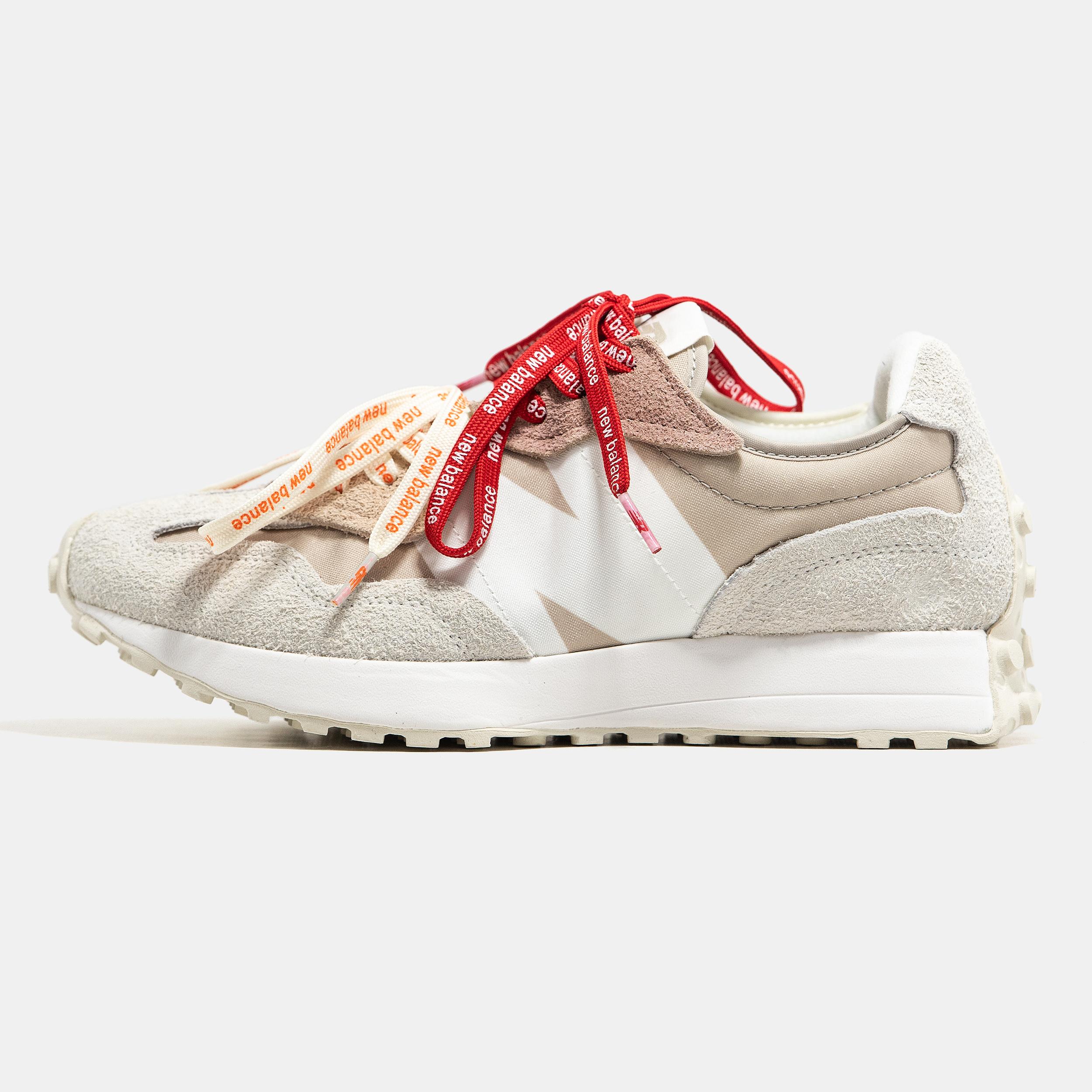 New Balance 327 Grey Beige Red/Orange Laces